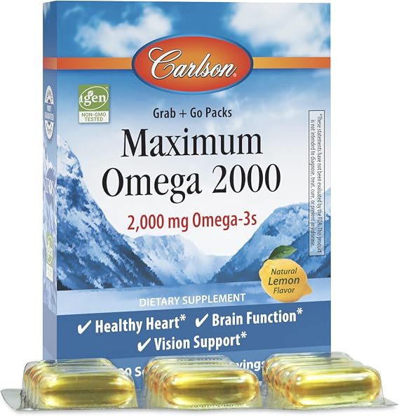 Carlson Maximum Omega 2000 Grab + Go Packs, Wild-Caught, 30 Softgel Pack
