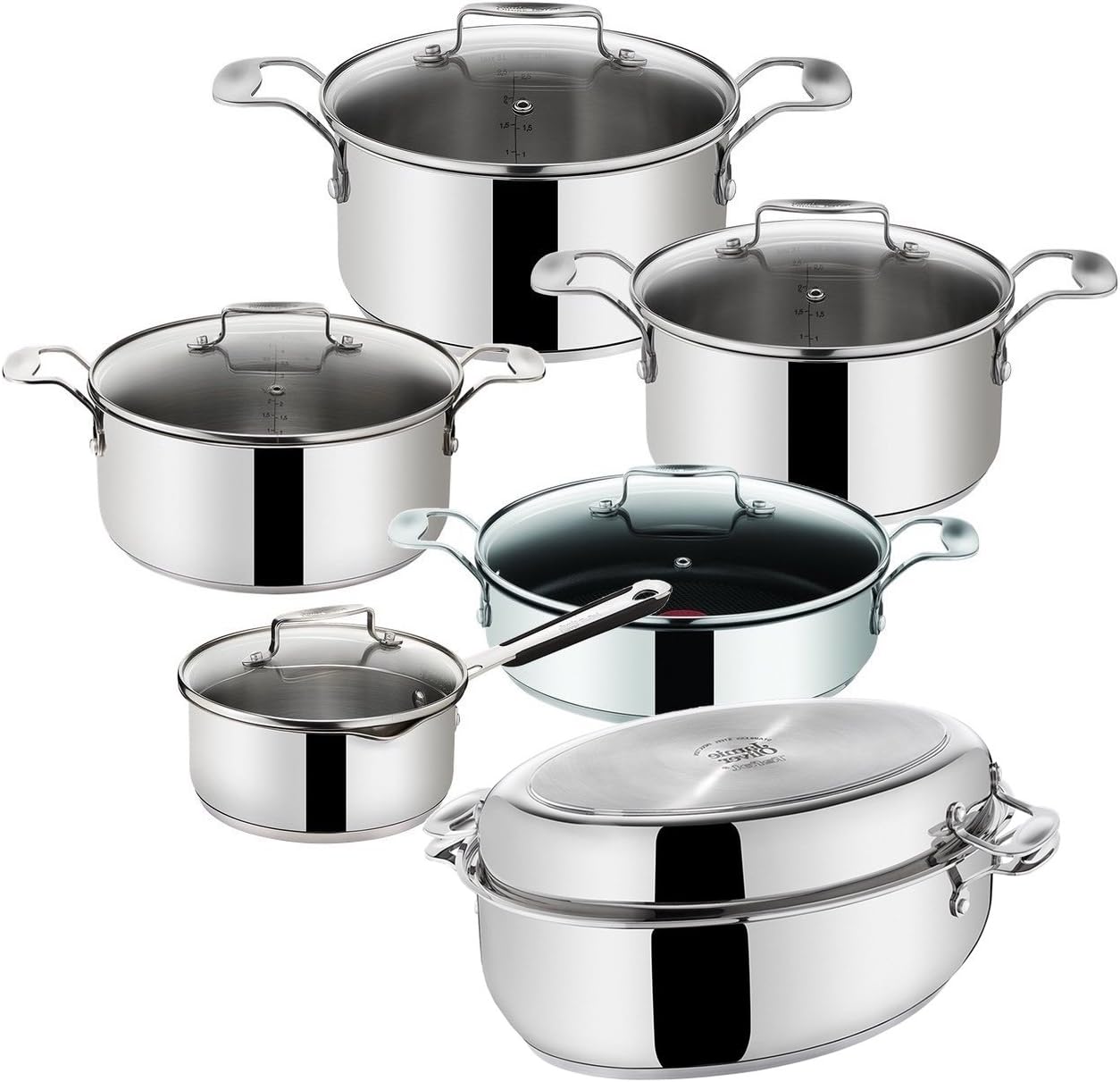 Tefal Jamie Oliver E79006 Induction Saucepan Set 7-Piece Cooking Pot with Glass Lid Suitable for Induction Cooking Pot with Lid 24 cm 6.7 l Casserole Pot with Lid 20 cm 3 Litre Saucepan with Lid 20 cm, 4.4 L, Saucepan with lid, 16 cm, 1.4 Litre, Serving Pan with Lid 25 cm 2.8 Litres Roasting Tin with Lid Induction Oval 8.4 L Stainless Steel