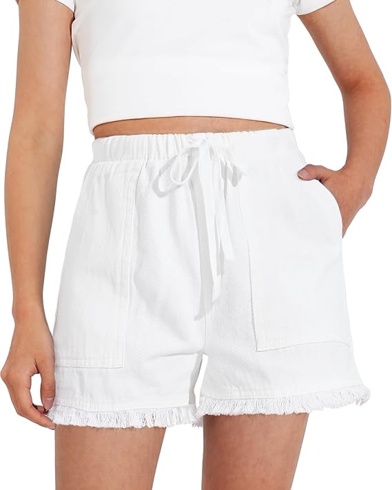 BOOPH Girls Jean Shorts Denim Elastic Waist Drawstring Short for Teen Girl