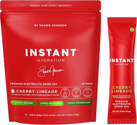 Instant Hydration Sugar Free Electrolytes Powder Packets - Shawn Johnson Cherry Limeade Electrolyte Drink Mix & Travel Essentials - Boost Recovery, Brain Health, Muscle & Tissue Support - 20 Sticks