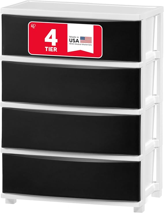 IRIS USA 4-Drawer Wide Plastic Drawer Organizer, Matte Black