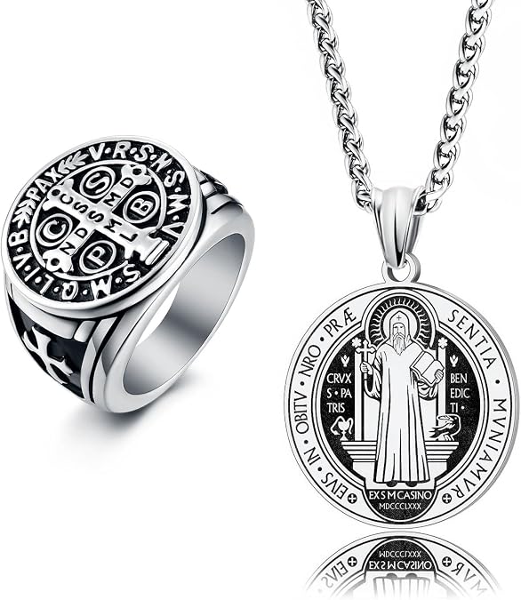 LAOYOU 2Pcs Saint Benedict Pack St. Benedict Ring and Medal Necklace for Men Stainless Steel Ghost Hunter Christian Catholic Protection Amulet Jewelry Gift for Men Black/Silver