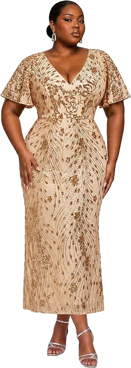 Ever-Pretty Plus Women's Sequin Maxi Plus Size Formal Wedding Guest Dresses