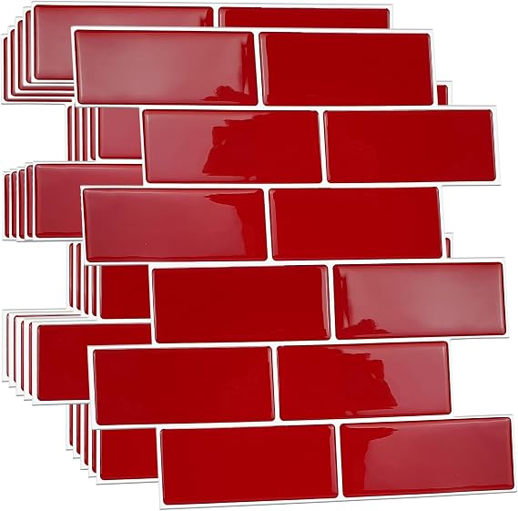 Premium Peel and Stick Kitchen Backsplash Tile Stickers Self Adhesive Stick on Subway Tile 11.8" x 11.8" Bathroom Splashback Water Heat Resistant 3D Wall Tiles Red Glossy