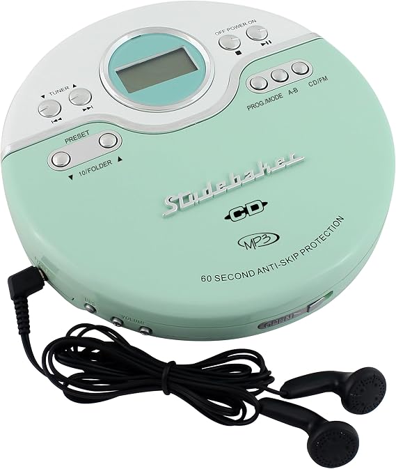 Studebaker SB3703MW Joggable Personal CD/MP3 Player with Audio Book Compatibility, Bookmark Feature and FM PLL Radio - Mint/White