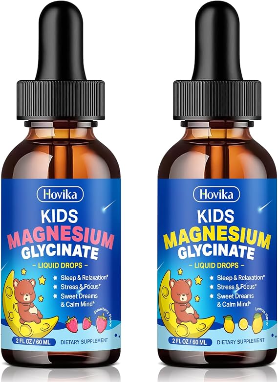 2 Pack Kids Magnesium Glycinate Liquid Drops with L-Theanine Omega-3, Vitamin B6, D3, Zinc - Magnesium Drops for Kids Strawberry & Lemon Flavor