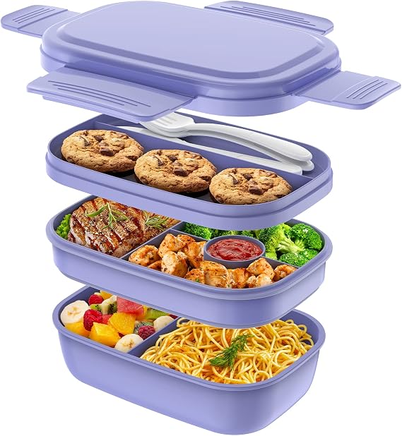 HOMETALL Stackable Bento Box for Adult Kids, Large Capacity 1900ml , Leak-Proof Lunchbox Containers with Utensil Set for Dining Out, Work, Picnic,