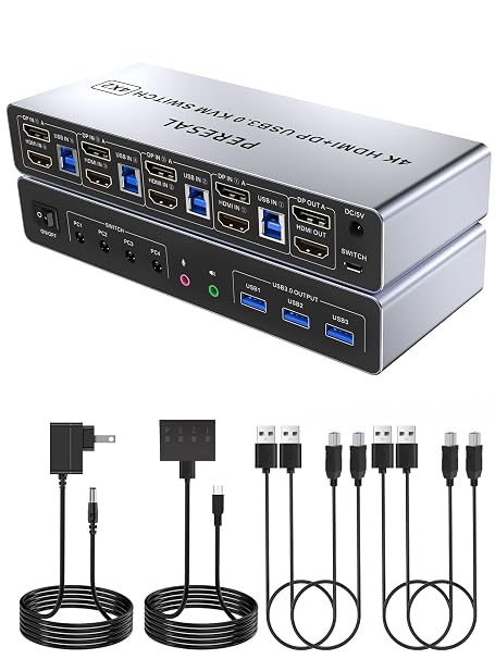 USB 3.0 HDMI+Displayport KVM Switch for 4 Computers and 2 Monitors, 4 Port Dual Monitor, 4K@60Hz Support with EDID, Audio,Microphone,and 3 USB 3.0 Ports