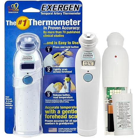 Exergen TAT-2000C Temporal Artery Thermometer for Kids, Newborns & Adults, Soft Glow Display, Silent Mode, 9V Battery Included