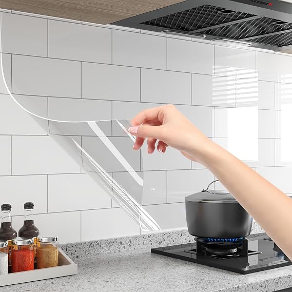Kitchen Clear Contact Paper Self-Adhesive Wall Protector | Oil Proof, Waterproof, Transparent Wallpaper Backsplash, Removable Paper for Cabinets Cupboard Doors Walls, 17.7inx 118in
