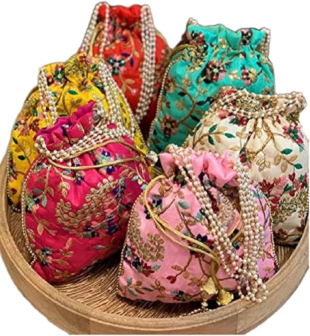 IGH Embroidered Silk Pouch Bag Designer Women Potli Bags Handle Purse Clutch Purse for Women Festive & Weddings Gift