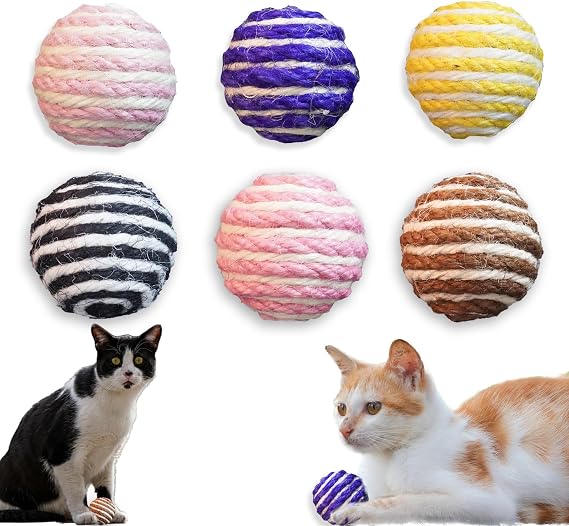 6-Pack 1.7" Sisal Cat Ball Toy - Woven Natural Plants Fibers Cat Toys Balls with Bell Inside, Interactive Cat Toys for Indoor Cats Kitten,Motion Activated,Chasing