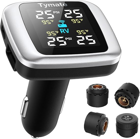 Tymate TM7 RV Tire Pressure Monitoring System, TPMS Set of 4 Sensors | Max. 5 Tires Info Monitoring, Wireless, 6 Alarm Modes, 0-144 PSI, Big Color LCD, Ideal for RV/Truck/SUV/Sedan/Older Vehicles