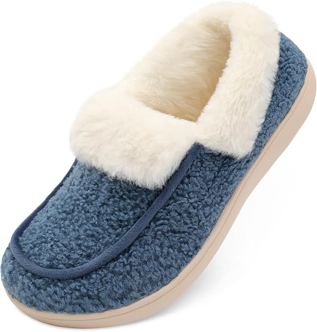 BARERUN Womens Slippers Fuzzy Collar Slipper Boots for Women Wide Toe House Shoes Moccasin Camping Travel Slippers with Hard Rubber Sole Indoor/Outdoor