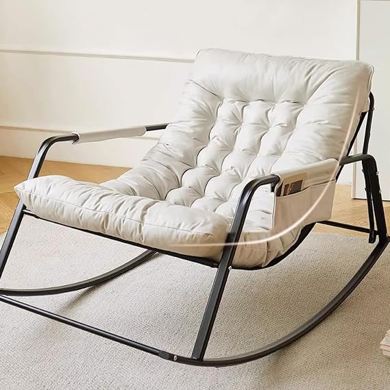 Modern Comfortable Upholstered Rocking Chair, Outdoor with Armrests, Adjustable Backrest Height, White