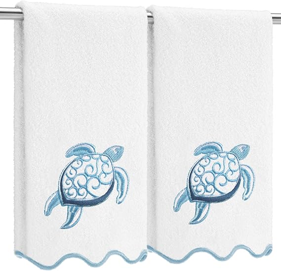 2 Pcs Sea Turtle Scalloped Hand Towels 26 x 13 Embroidery Blue Sea Turtle Bathroom Decor 100% Cotton Soft Absorbent Summer Beach Scalloped Hand Towels for Kitchen Bathroom