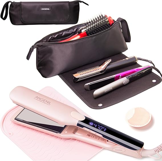 ANGENIL Pro Titanium Flat Iron Hair Straightener 1.75" Wide, Salon Grade Dual Voltage Straightening and Curler 2-in-1 with Heat Resistant Silicone Mat, Large Capacity Hair Tools Travel Bag 2 in 1