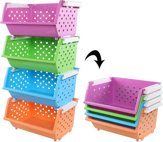 4-Pack Plastic Kitchen Stackable Storage Baskets, Colored Stacking Open Front Storage Bins