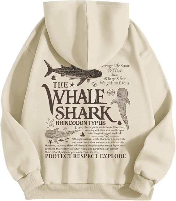 Cute Hoodies for Women Ocean Whale Shark Hoodie Aesthetic Animal Graphic Sweatshirts Casual Fleece Pullover Tops