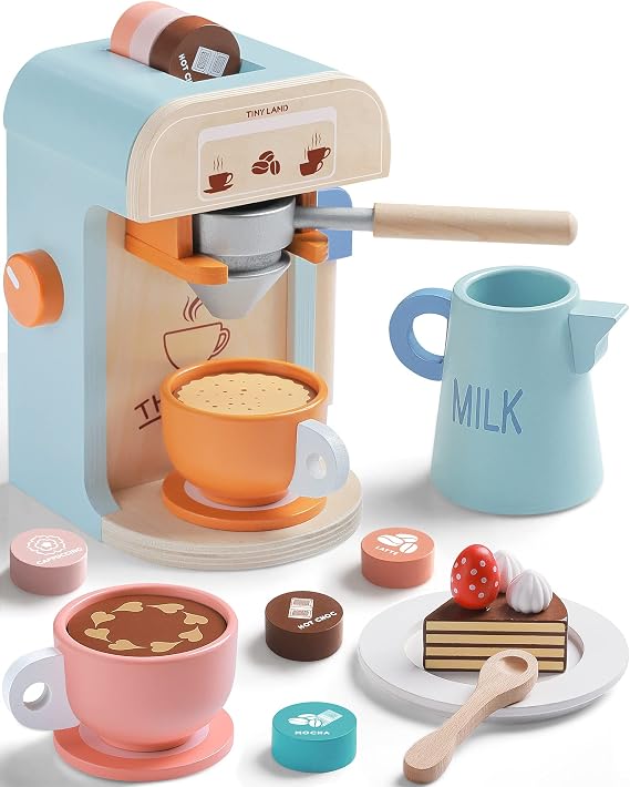 Tiny Land 17Pcs Kids Coffee Maker, Wooden Kitchen Toys | Toy Coffee Playset, Wooden Play Toys, Kids Espresso Machine Toy, Play Kitchen Accessories for Girls & Boys