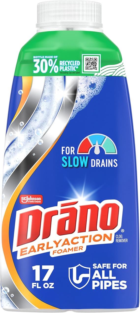 Drano EarlyAction Foamer, Drain Clog Remover & Cleaner, Unclogs Hair, Grease, Soap & Slow Drains, Removes Sources of Odor, Safe for Septic, Pipes, Garbage Disposals, Showers & Sinks, 17 Fl Oz