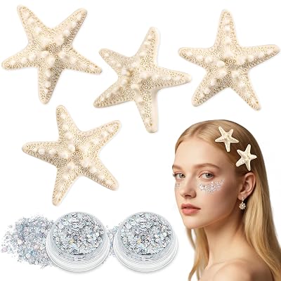 Sightor 4PCS Starfish Hair Clips, Mermaid Hair Accessories With 2PCS Face Body Glitter Gel, Women Beach Sea Star Hair Clip for Halloween Mermaid Cosplay Cream