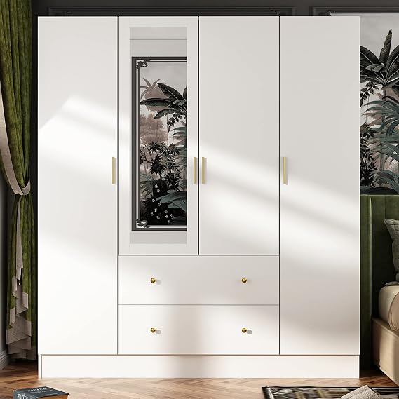 AGOTENI Large Bedroom Armoire Closet with 1 Mirror, 2 Drawers, 70.9H Tall Armoire Wardrobe Closet with Doors and Shelves, Clothing Rod, White