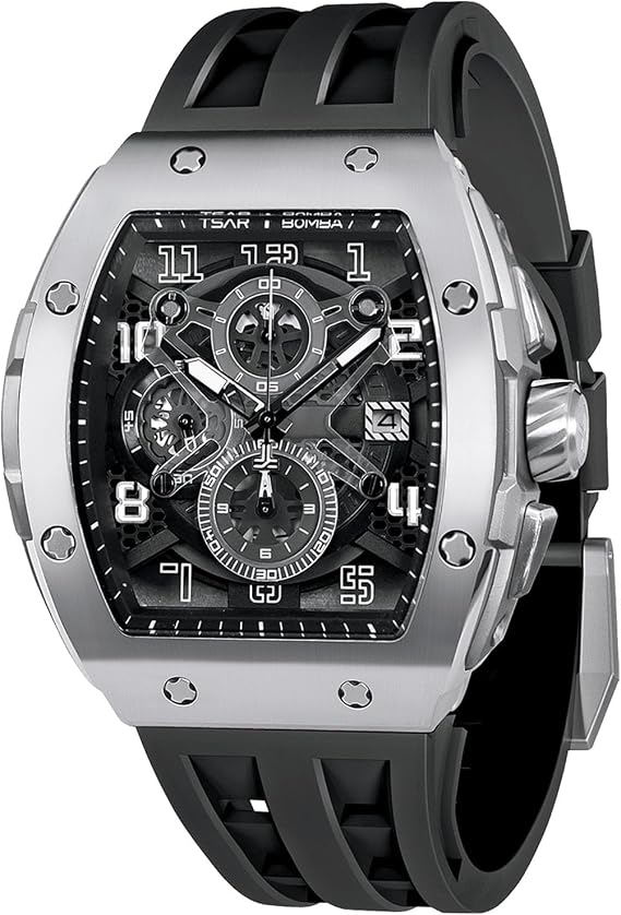 TSAR BOMBA Men's Watch Tonneau Design 50M Waterproof Chronograph Luxury Watches for Men with 316 Stainless Steel Case Square Sport Military Work Wristwatch with 22mm Watch Strap Stylish Men's Gift