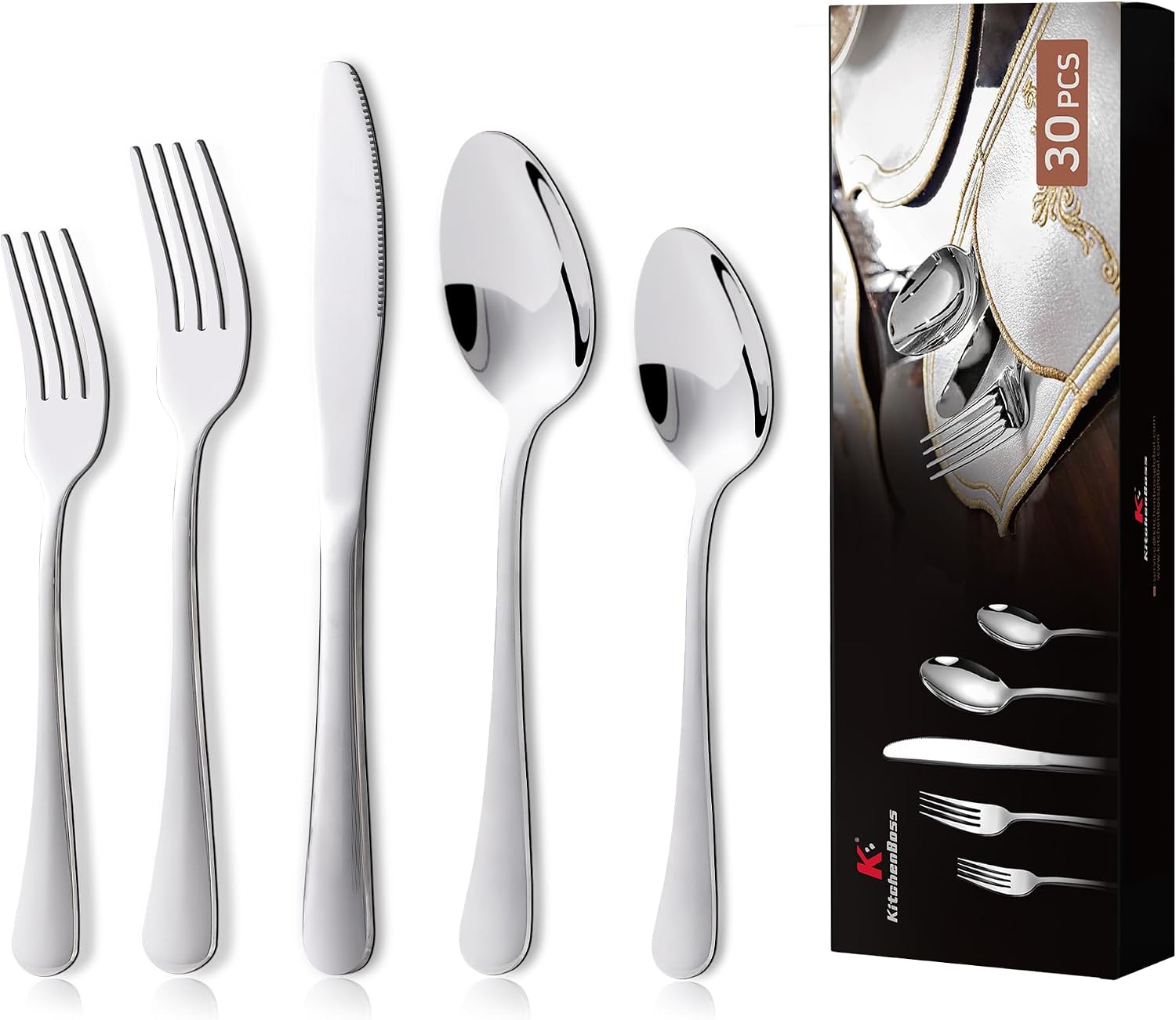 KitchenBoss Cutlery Set for 6 People: Cutlery Set 30 Pieces Cutlery Set Stainless Steel Cutlery Dishwasher-Safe Silver