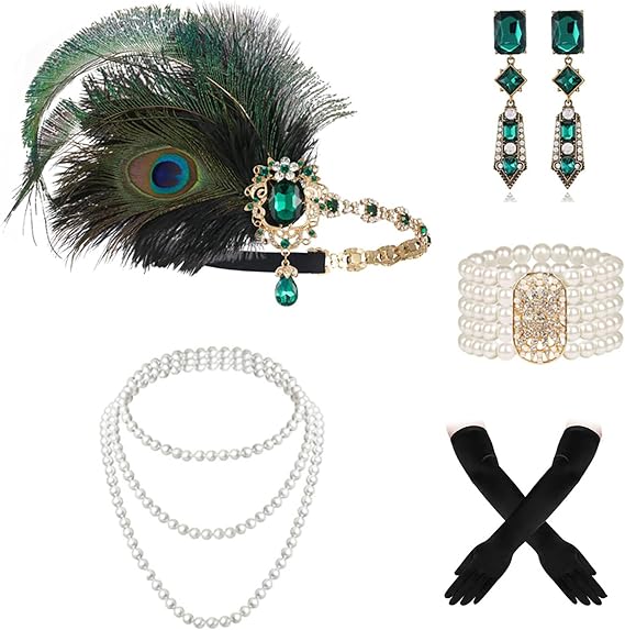 Great Gatsby Accessories for Women:5Pcs 1920s Flapper Accessories Set with Feather Headpiece,Pearl Necklace,Bracelet,Earrings&Gloves|1920s Headpiece for Women|Harlem Nights Accessorie