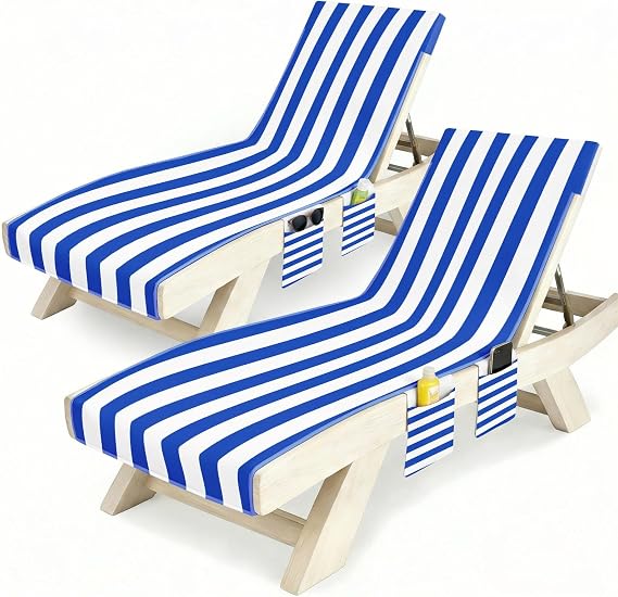 Lounge Chaise Chair Towel Covers (Pack of 2), Beach Chair Cover with 3 Pockets for Pool Outdoor Beach Garden Patio Trips,85 X30 in (Blue Stripe)