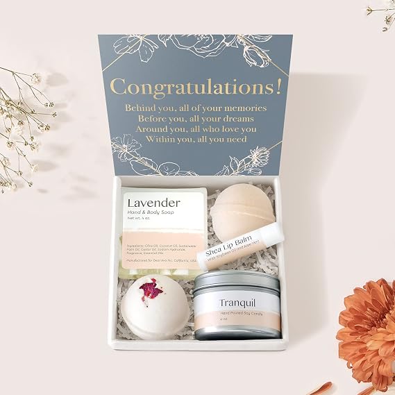 Dear Ava Spa Gifts for Women - Organic Self Care luxury Anti Stress Relaxing Bath and Body Kit Set Basket Box for Her with Heartfelt Card - Congratulations Gift for Girls