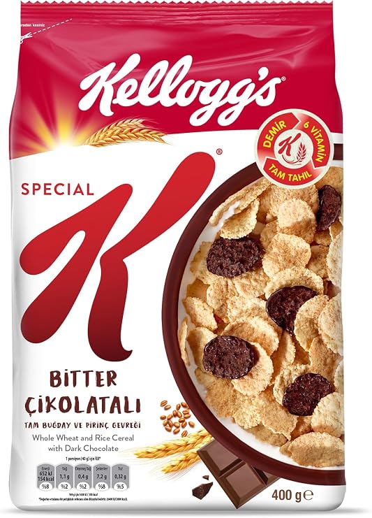 Kellogg's Special K Bitter Çikolatalı Kahvaltılık Tam Buğday ve Pirinç Gevreği 400 Gr,Tam Tahıllı,Lif Kaynağı,Demir ve 6 Vitamin Kaynağı,Folik Asit ve Minarel içerir,En Az %42 Kakao Kitlesi içerir
