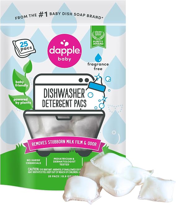 Dapple Baby Dishwasher Detergent Pods - 25 Count - Fragrance-Free, Hypoallergenic & Plant-Powered Dishwasher Pacs - Removes Milk Residue From Baby Bottles