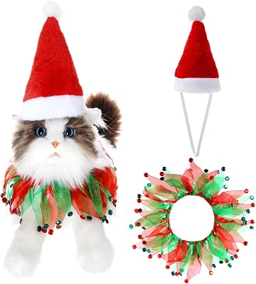 Christmas Cat Costume Small Santa Hat and Collar for Small Dogs & Cats Fancy Holiday Pet Costume Accessories for Christmas Party