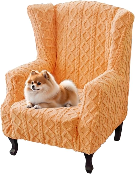 Wingback Chair Slipcover Stretch Spandex Wingback Chair Covers Jacquard Armchair Slipcover Sofa Furniture Protector Couch with Elastic Bottom for Living Room Bedroom(Orange)