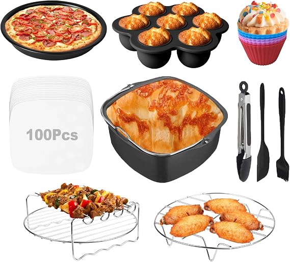 10 Piece Air Fryer Accessories for Square Cosoris 5.8 QT 6.0 QT | Fit for Instant Vortex Plus 6QT and Larger Air Fryers, Including Cake & Pizza Pan, Rack & Skewer, Egg Bite Mold,etc