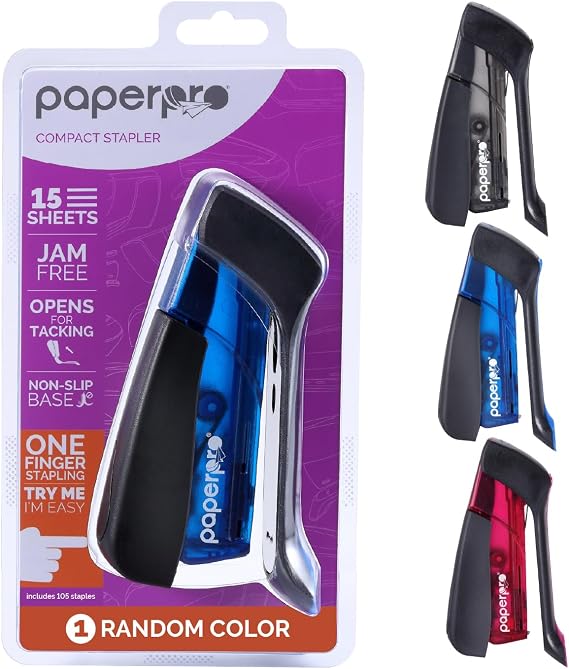 PaperPro Compact Classic Desktop Stapler, 15 Sheet Capacity, No Effort, Includes 105 Staples, One Finger, 80% Easier Stapling, Assorted (Colors May Vary)