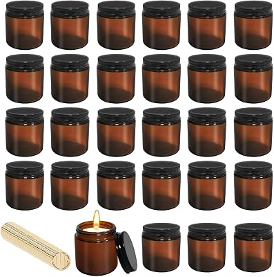 28 Pcs Glass Candle Jars with Lids Bulk 4 oz Leakproof Round Empty Candle Containers for Making Candles, DIY Craft Holder Tins with Labels Amber, Black