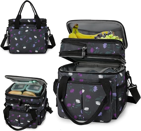 Lunch Bag for Women Men Expandable Double Deck Lunch Box Large Lunch Bags Leakproof Insulated Reusable Lunch Cooler Bag (Purple Flower)