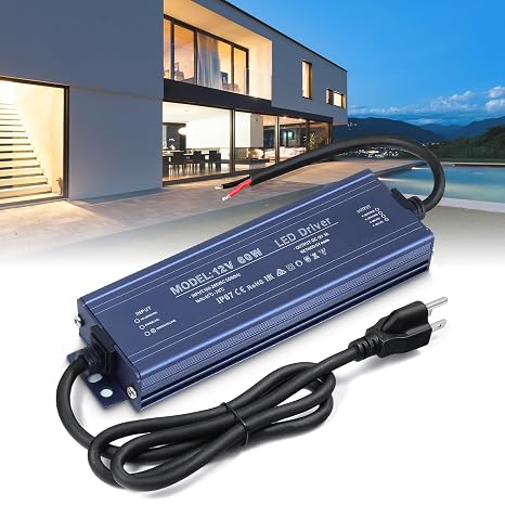 LED Driver 12V, BRIMETI LED Power Supply 60W Waterproof IP67 Transformer Adapter 110V AC to 12V DC Converter Low Voltage Output with 3-Prong Plug 3.3 Feet Cable for Outdoor Light Strip, 5 Amp