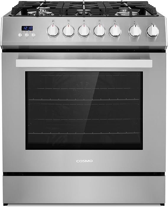 COSMO COS-305AGC 30 in. 5.0 cu. ft. Freestanding Single Oven Gas Range with 5 Burner Cooktop and Heavy Duty Cast Iron Grates in Stainless Steel | Cosmo COS-305AGC Oven Fan Circulation, Cast Iron Grates, Digital Display with Timer, Liquid Propane Convertible, Wok Ring