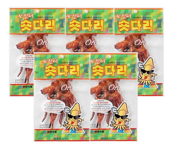 Korean Dried Squid Legs Chewy Texture, Sweet & Salty Taste, Perfect Drinking Snack, 0.7oz (20g), Pack of 5