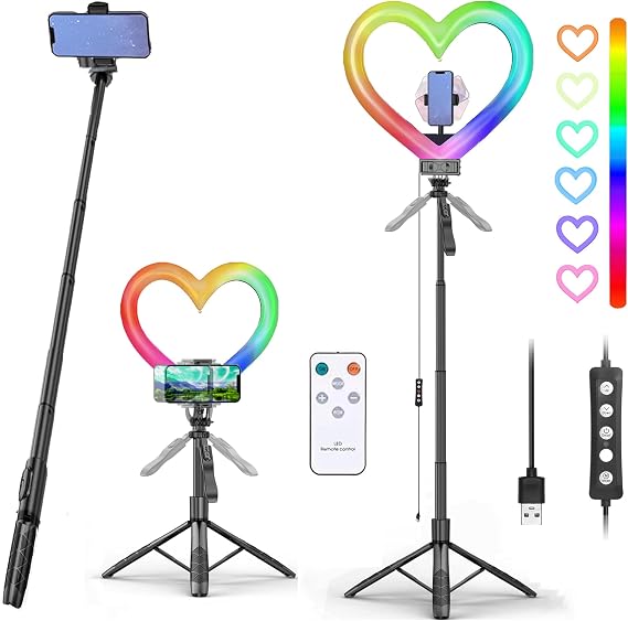 Heart Ring Light, 12" RGB LED Heart Ring Light with Stand Heart Shaped Selfie Ring Light with Phone Holder for Live Stream/Makeup Compatible with All Phones