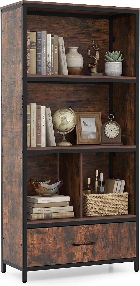 COSTWAY 5-Tier Bookshelf, Freestanding Storage Bookcase Cabinet with 4 Storage Compartments and Large Fabric Drawer, Wooden Open Display Cabinet for Study, Living Room, Bedroom (Rustic Brown + Black)