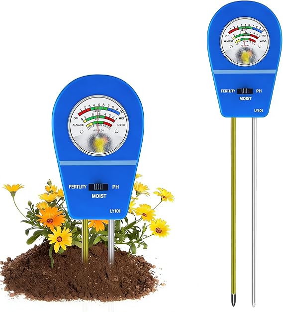 3-in-1 Soil Moisture Meter, Dual Probe Soil Moisture Meter, PH/Humidity/Fertility, Suitable for Gardens, Lawns, Farms, Indoor and Outdoor Use, No Batteries Required (Blue)
