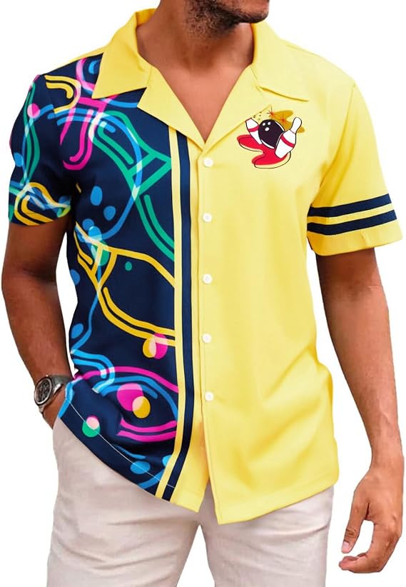 Hawaiian Bowling Shirts Men Retro Funny Sport Bowler Shirt Beach Summer Tee Tropical Vacation Button Down Short Sleeve Tops