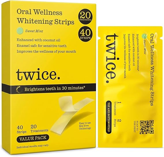 Twice Teeth Whitening Strips Kit 30-Minute Quick & Gentle Teeth Whitening 20-Day Treatment No-Slip, Mess-Free, Gentle on Enamel Sweet Mint Flavor Vegan