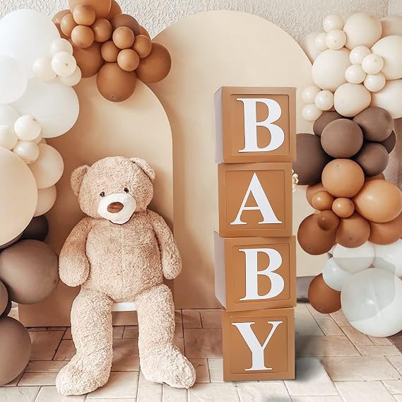 Teddy Bear Baby Shower Boxes Decorations, 4pcs Brown Baby Shower Blocks with Letters, Baby Shower Balloon Paper Boxes for Woodland Baby Shower Decor Boys Girls Gender Reveal Backdrop