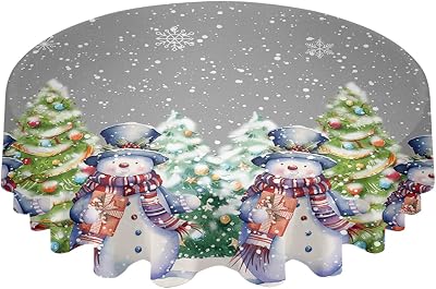Round Table Cloth 60 Inch - Waterproof Spill Proof Tablecloth Soft Washable Oli-Proof Table Cloths for Party Dining Room - Merry Christmas Watercolor Cute Snowman Grey